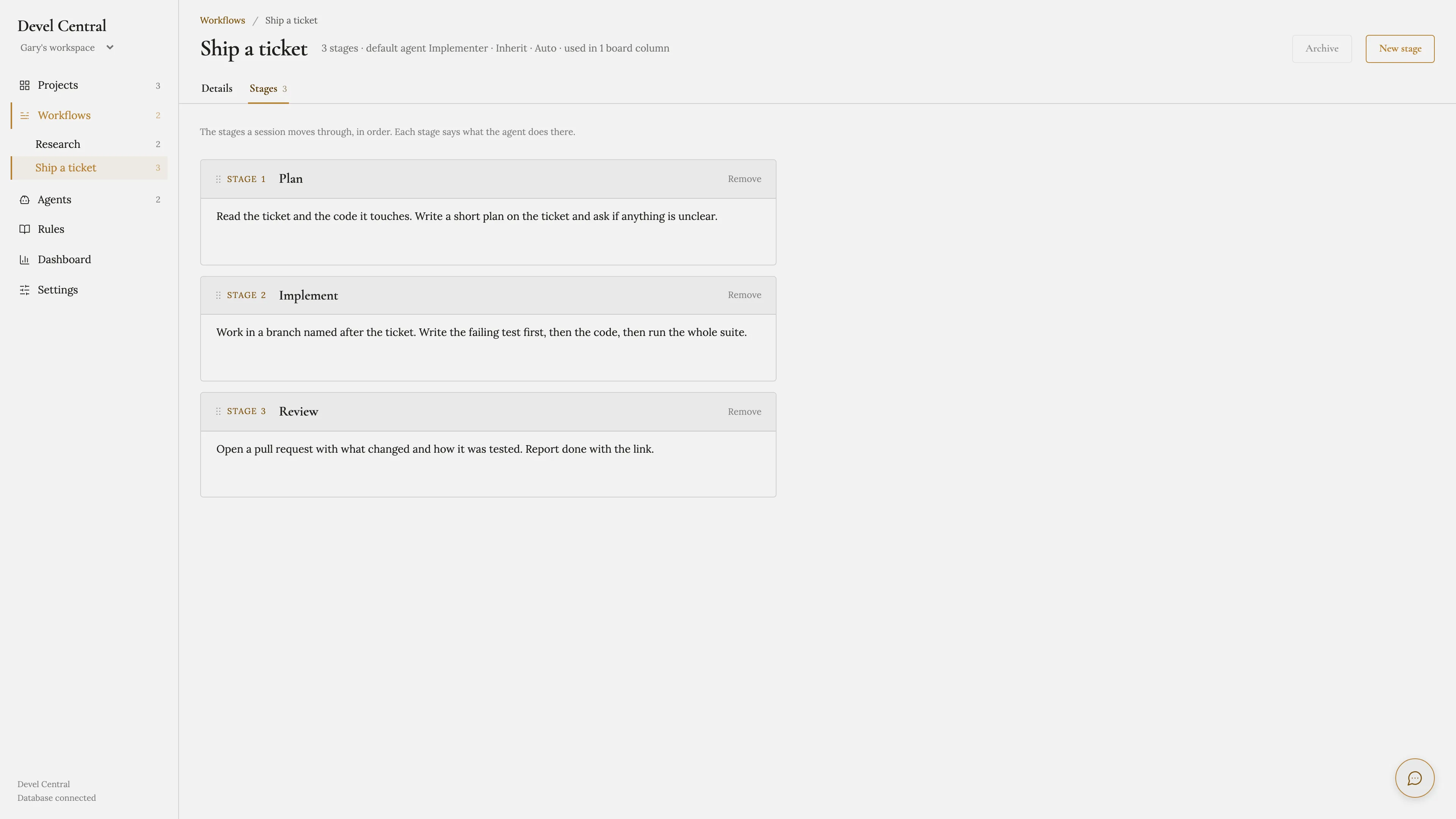 The Ship a ticket workflow: three stages, Plan, Implement and Review, each a short paragraph